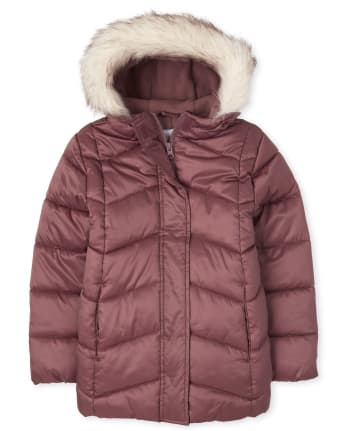 Girls Long Sleeve Faux Fur Hooded Long Puffer Jacket | The Children's ...