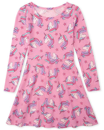 Girls Long Sleeve Unicorn Star Print Knit Skater Dress SCOOTER PINK NEON The Children s Place