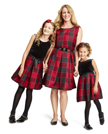 Vestido de punto a tejido a juego con cuadros de búfalo de terciopelo para niñas pequeñas Mami y yo