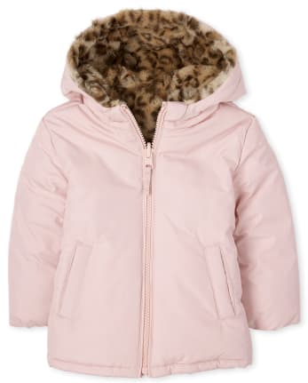 toddler girl reversible 2 in 1 with faux ivory fur puffer jacket NWT pink 
