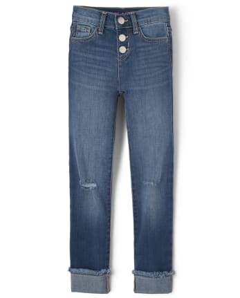 Girls Frayed Cuff Denim Straight Jeans