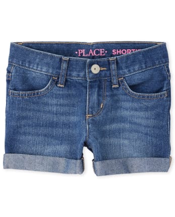 Shorts cortos de mezclilla con puños enrollados para niñas