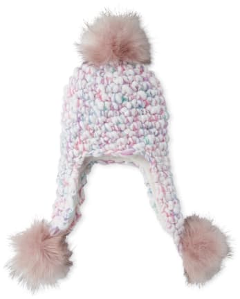 Girls Rainbow Faux Fur Pom Pom Hat