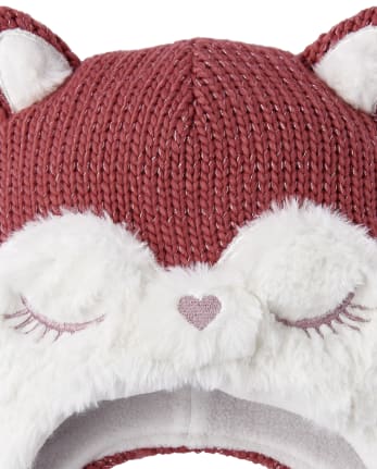 Conjunto de gorro y manoplas de zorro para niñas pequeñas