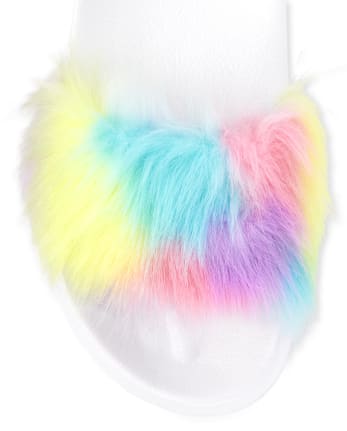 Girls Rainbow Faux Fur Slides