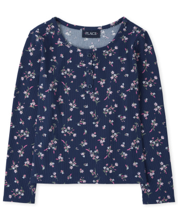 Girls Floral Rib Knit Henley Top