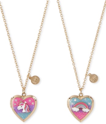 Paquete de 2 collares con medallón de corazón de unicornio arcoíris para niñas