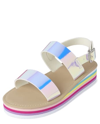Girls Holographic Rainbow Faux Leather Platform Sandals | The Children ...