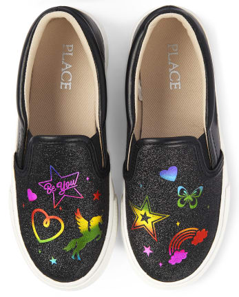 Crudo Tropical Reanimar Zapatillas sin cordones con garabatos arcoíris brillantes para niñas | The  Children's Place - BLACK