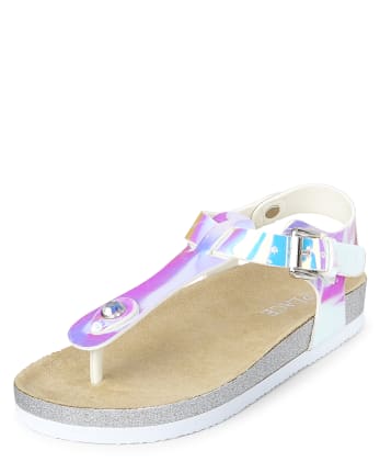 Girls Holographic Glitter T Strap Sandals