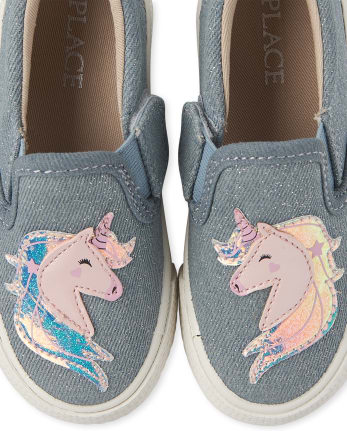 Toddler Girls Glitter Unicorn Denim Slip On Sneakers