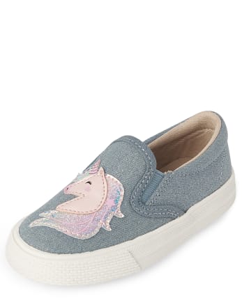 Zapatillas sin cordones de mezclilla con unicornio brillante para niñas pequeñas