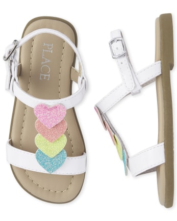 Sandalias con correa en forma de T con corazón de arcoíris para niñas pequeñas