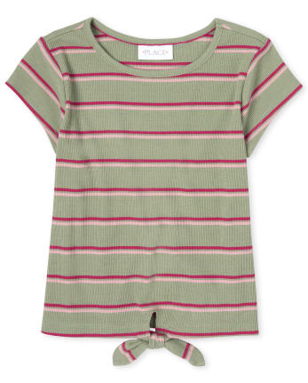 Girls Striped Ribbed Tie Front Top