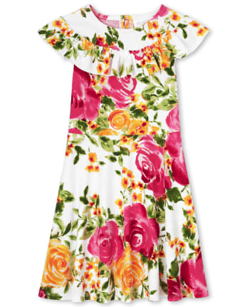 Girls Floral Ruffle Stretch Jacquard Dress
