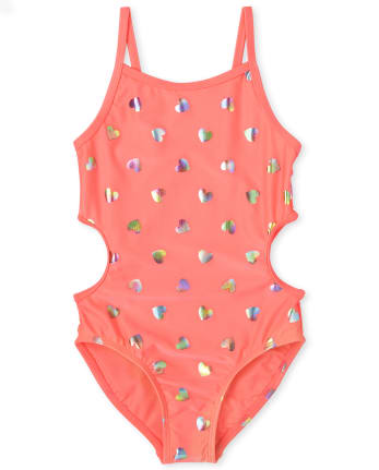 Girls Foil Hearts Cut Out One Piece Swimsuit