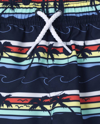 Boys Palm Tree Striped Swim Trunks