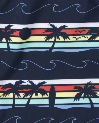 Boys Palm Tree Striped Swim Trunks