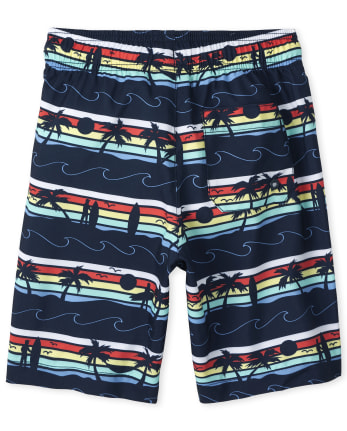 Boys Palm Tree Striped Swim Trunks