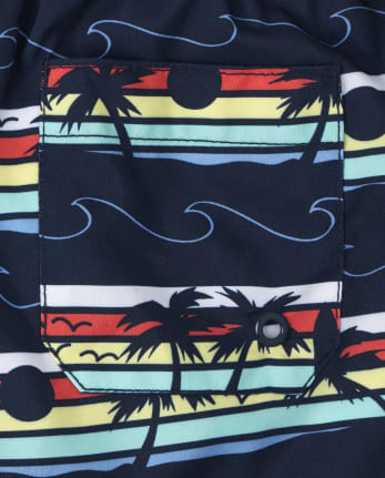 Boys Palm Tree Striped Swim Trunks