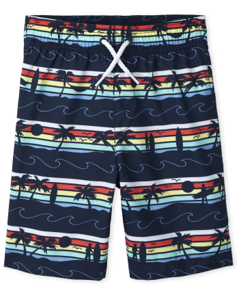 Boys Palm Tree Striped Swim Trunks