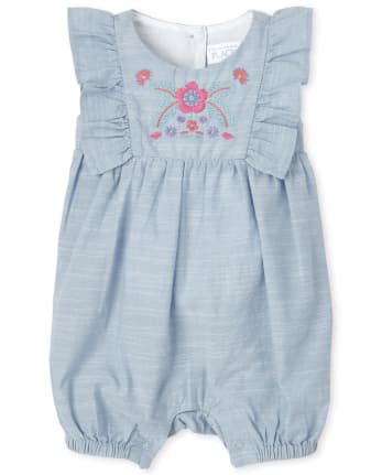 Baby Girls Embroidered Chambray Ruffle Romper