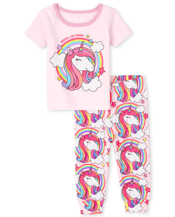 Pijama de algodón ajustado con diseño de arcoíris y unicornio para niñas pequeñas y bebés