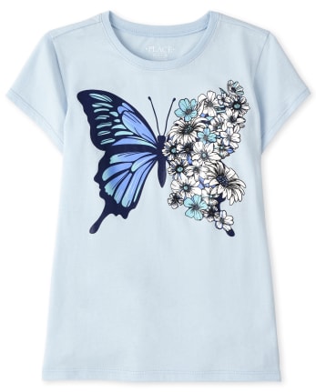 Camiseta de manga corta con estampado de flores de mariposa para niñas |  The Children's Place - BLUE FOG