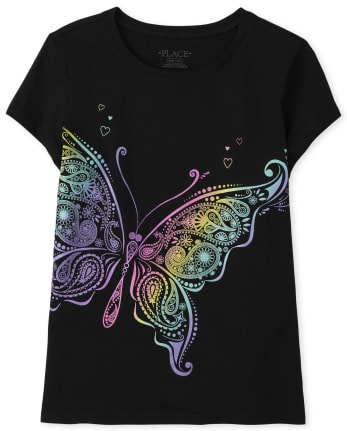 Girls Short Sleeve Rainbow Butterfly Graphic Tee - BLACK