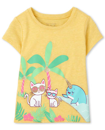 Camiseta con gráfico de gato y narval para bebés y niñas pequeñas