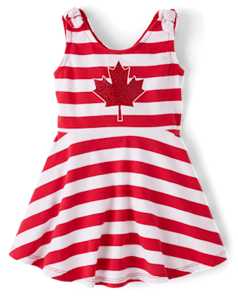 Toddler Girls Striped Glitter Maple Leaf Tie Shoulder Dress - RUBY
