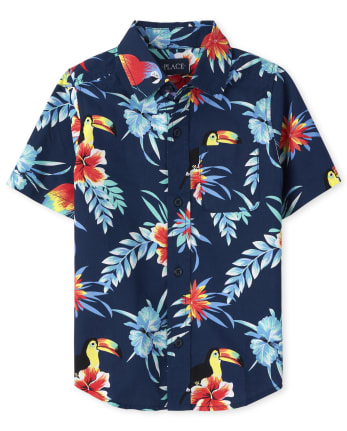 Boys Matching Family Tropical Toucan Poplin Button Up Shirt