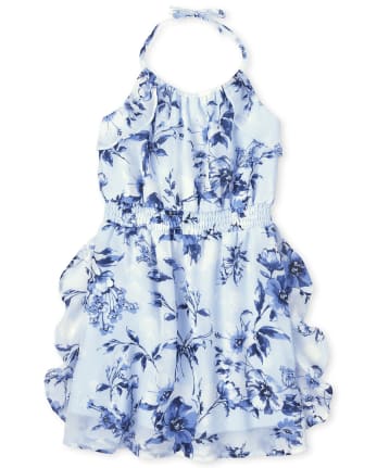 Girls Floral Ruffle Halter Dress