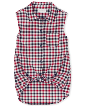 Girls Americana Plaid Tie Front Button Down Tank Top