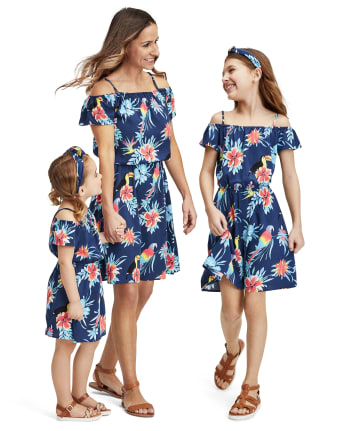 Girls Matching Family Tropical Toucan Off Shoulder Dress