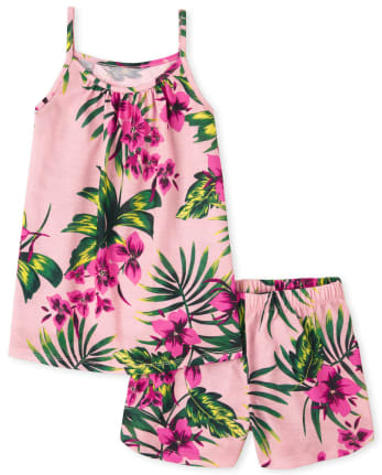 Girls Sleeveless Tropical Floral Print Pajamas