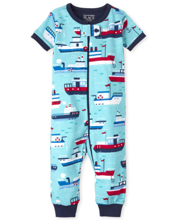 Pijama de una pieza de algodón con estampado de barcos de manga corta para bebés y niños pequeños | The Children's Place - TEAL MEET