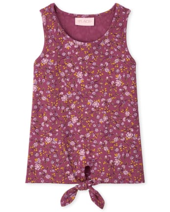 Girls Floral Ribbed Tie Front Tank Top