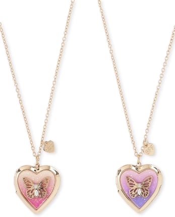 Girls Butterfly Heart Locket Necklace 2-Pack