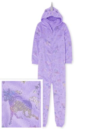 Pijama de una pieza a juego capucha de forro polar de unicornio de manga larga para mujer Mami yo | The Children's Place - LACROSSE VIOLET NEON