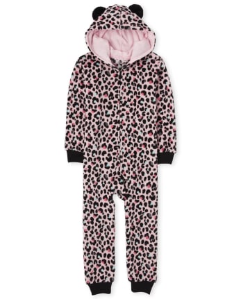 Girls Mommy And Me Leopard Fleece One Piece Pajamas