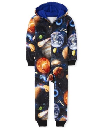 Boys Space Fleece One Piece Pajamas - BLACK