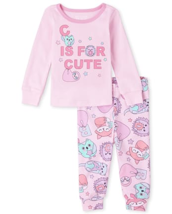 Pijama de algodón de ajuste ceñido manga larga 'C Is For Cute' para bebés y niñas pequeñas | The Children's Place - PINK ADMIRER
