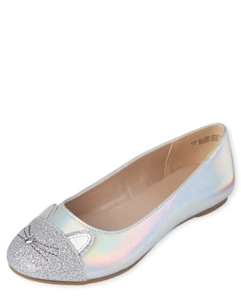 Children's Place Kayla Cat Graphic Silver Sparkle Ballet Flat Girls Youth 11 13 