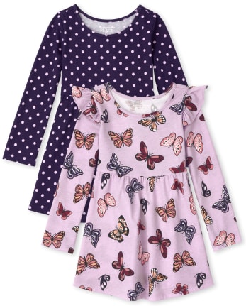 Lot de 2 robes de tous les jours à pois papillon pour petites filles