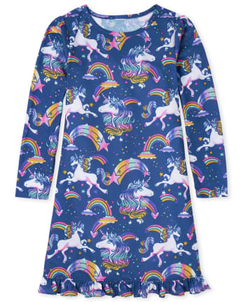 Chemise de nuit à volants et licorne arc-en-ciel pour fille