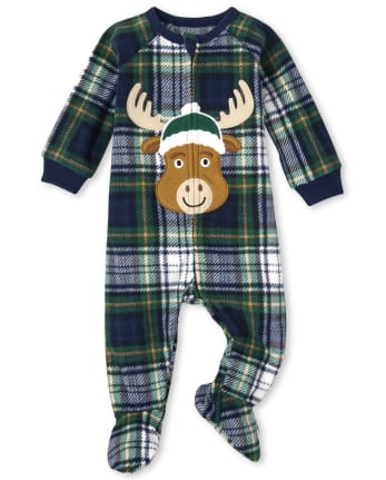 Unisex Baby And Toddler Matching Family Moose Plaid Fleece One Piece Pajamas