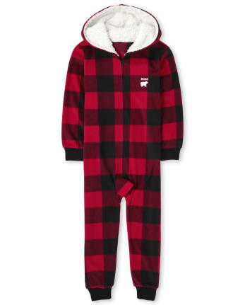 Kids Matching Family Bear Buffalo Plaid Fleece One Piece Pajamas