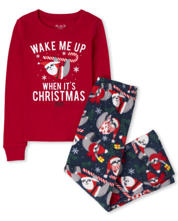 Unisex Kids Christmas Sloth Snug Fit Cotton And Fleece Pajamas