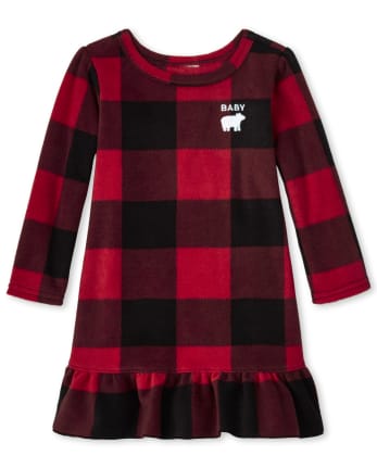Baby And Toddler Girls Matching Family Bear Buffalo Plaid Fleece Nightgown